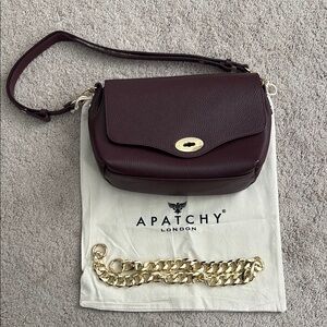 Apatchy London Maddie Maxi Port Leather Bag in Burgundy with gold chain strap